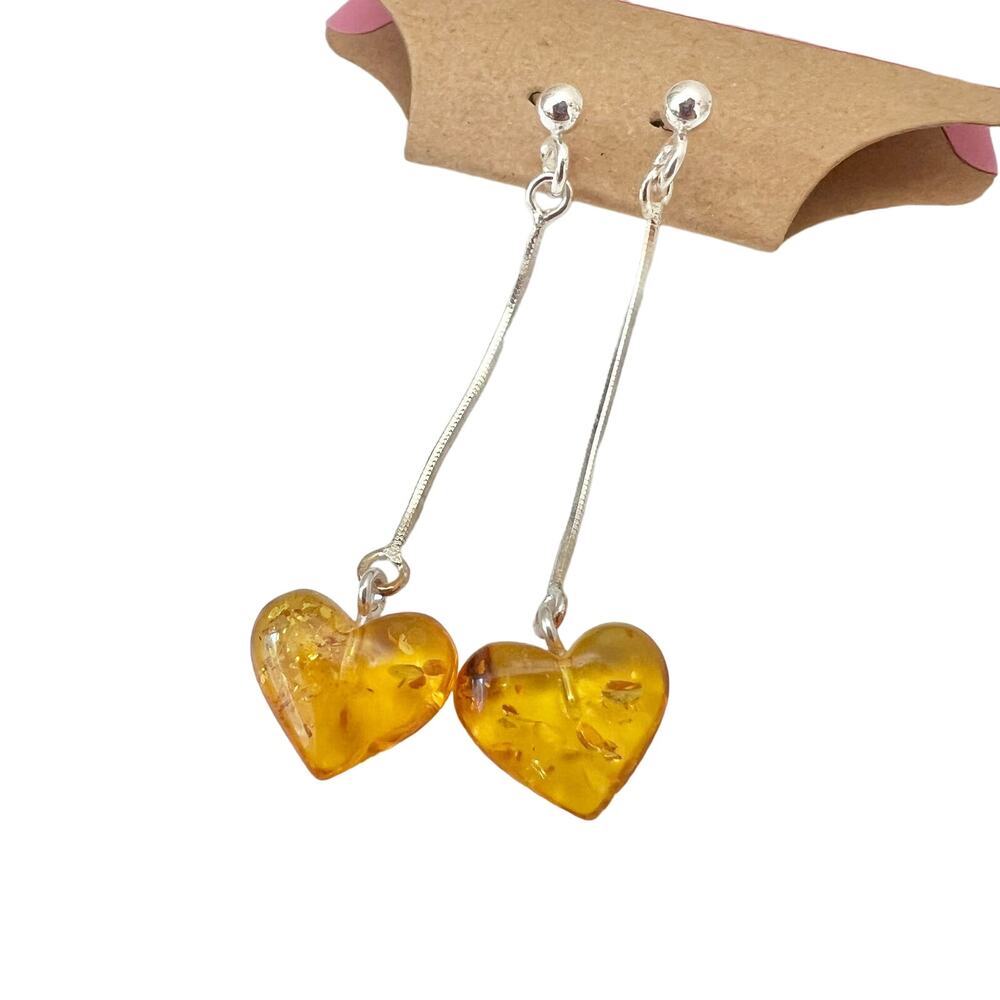 Baltic Amber Earrings  Heart Shaped Light Golden Brown Polished (E442)